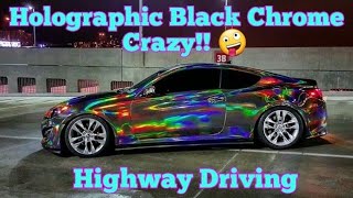 Holographic Black Chrome Car holographic rainbow chrome vinyl wrap driving on the highway [upl. by Festus366]