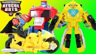 Transformers Rescue Bots Bumblebee Motorcycle has an Adventure with Batman Robin amp Optimus Prime [upl. by Innavoeg769]