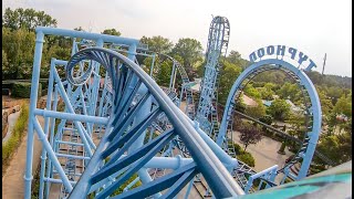 Riding Typhoon Vertical Drop Roller Coaster Multi Angle 4K POV Bobbejaanland Belgium [upl. by Schechinger]