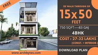 15x50 House Design 3D  750 Sqft  83 Gaj  4 BHK  Modern Design  Terrace Garden  4x15 Meters [upl. by Accisej332]