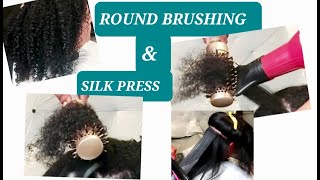 ROUND BRUSHING ON CURLY HAIR AND SILK PRESS saunisexhairtv shellyarellahairtv [upl. by Asserat]