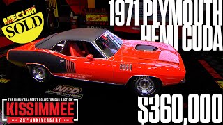 SOLD for 360000 1971 Plymouth Hemi Cuda  Mecum Kissimmee 2024 [upl. by Tutankhamen]