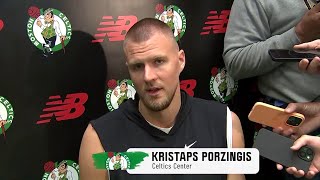 PRESS CONFERENCE Kristaps Porzingis speaks with media for first time since injury [upl. by Nayllij339]