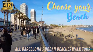 4K Barcelonas beaches walk tour hotel W Barceloneta Somorrostro clubs Bogatell Diagonal Mar [upl. by Atwekk]