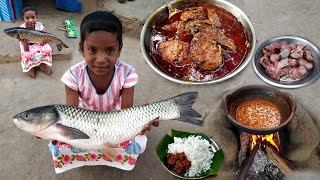 Three KG Rohi fish Curry Recipe cooking and eating cooking by santali mother Rohu fish masala [upl. by Sudbury950]