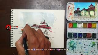 Tutorial Pewarnaan Watercolor Sketch Painting Lukisan Masjid Lawang Kidul Palembang [upl. by Imoyaba]