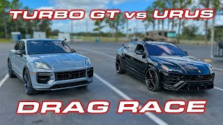 SUPER SUV SHOWDOWN  Porsche Cayenne Turbo GT vs Lamborghini Urus 14 Mile Drag Race [upl. by Airdnek323]