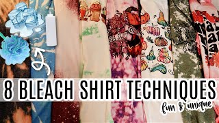 8 DIFFERENT Bleach Shirt Techniques  Acid Wash Tie dye Ice Loofa amp More [upl. by Anire661]