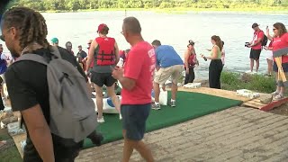 Rafts enter water at Tulsas Great Raft Race [upl. by Broderick818]