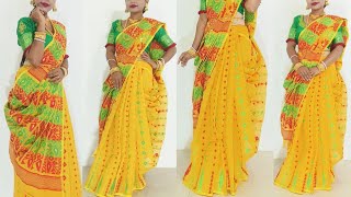 গায়ে হলুদে শাড়ি পরবে কিভাবে  NEW STYLE YELLOW JAMDANI SAREE DRAPING [upl. by Schlenger385]