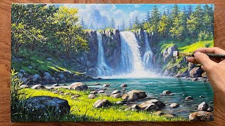 Painting a waterfall  Landscape painting of flowing stream water  A Lu Art  art [upl. by Annia]