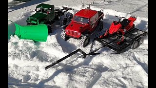 6X6 RC TRUCK SNOW PLOWINGSCX10 AXIAL JEEP amp TRAILER ADVENTURESKEERIDE POLARIS JUMPINGWHEELIES [upl. by Enoid342]