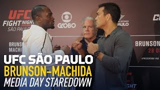 Derek Brunson vs Lyoto Machida UFC Media Day Staredown  MMA Fighting [upl. by Nifled]