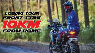 Losing my front tyre 10KM from home on the CFMOTO 450MT  A real OffRoad Adventure [upl. by Yklam]