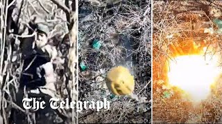 Russian soldier gives the finger to Ukrainian drone before it drops revenge grenades [upl. by Rocray386]