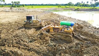 Amazing Dozer D60 Stuck In Lake Showing Skill Technique Backup  With Many SHACMAN Transport Dirt [upl. by Anillek]