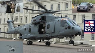 Royal Navy x2 AgustaWestland AW101 land at Wellington Barracks to pick up VIPs [upl. by Shreve]