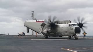 A C2A Greyhound Lands Aboard USS Gerald R Fords CVN 78 Flight Deck [upl. by Lantha]