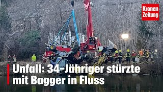 Dramatischer Unfall 34Jähriger stürzte mit Bagger in Fluss  kronetv NEWS [upl. by Ydualc]