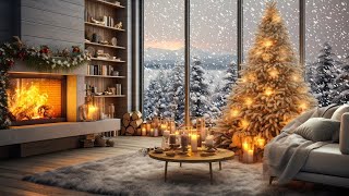 Merry Christmas 2025 🎄 Snow Falling at Night Living Room Ambience with Fireplace and Christmas Jazz [upl. by Anelej]