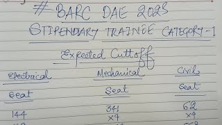 BARC DAE STIPENDIARY TRAINEE CATEGORY 1 EXPECTED CUTT OFF  ELECTRICAL  MECHANICAL  CIVIL [upl. by Enaenaj]