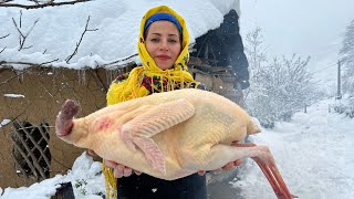 Mix of Cooking giant Turkey in Snowy Day in Village  Stuffed Turkey Recipe [upl. by Dyrrej507]