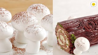 Mushroomshaped meringue cookies decoration of Christmas Yule Log Recipe 蛋白糖玛琳糖蘑菇圣诞木柴蛋糕装饰 [upl. by Mastrianni]