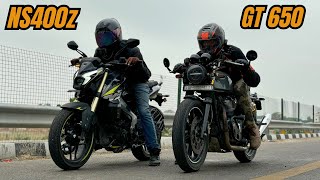 NS400z vs Continental GT650 Drag Race [upl. by Acinomahs]