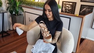 Rose Unboxes Strappy 6 Inch High Heel Espadrille Wedge Sandals With Gold Pyramid Studs [upl. by Akemehs]