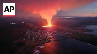 Iceland volcano eruption sends lava flowing toward nearby settlement [upl. by Hilliary]