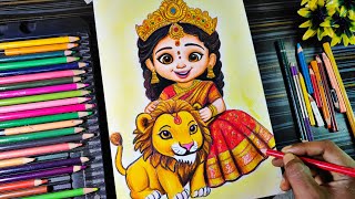 Cute Maa Durga Drawing With Colour Pencil How To Draw Maa Durga Durga Thakur Drawing Full Figure [upl. by Silvan483]