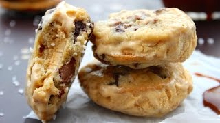 SALTED CARAMEL CHOCOLATE CHIP COOKIE ICE CREAM SANDWICHES how to make ice cream sandwiches [upl. by Nnaytsirk]