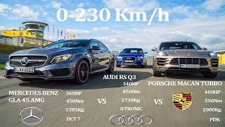 COMPARATIVE AUDI RS Q3 340Hp Vs MERCEDES BENZ GLA 45 AMG 360Hp Vs PORSCHE MACAN TURBO 400HP  AWD [upl. by Baruch]