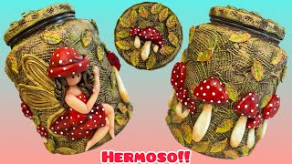 DIYDecoración BOSQUE DE HONGOS 🍄 frasco reciclado  porcelana fría pasta flexible HADA HONGUITO [upl. by Anilef]