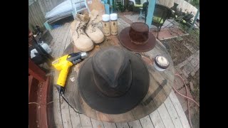 Oil skin reconditioning Waterproofing leather hat and a pair of boots Outback Trading company [upl. by Worrell]