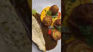 Chicken ballotine with green olive carrot mousseline and dauphine potatoes food cooking recipe [upl. by Aeet]