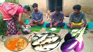 SMALL FISH curry with BRINJAL cooking in traditional method by tribe family l Village life [upl. by Eenat252]