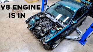 E36 V8 swap  THE ENGINE IS IN [upl. by Eliza]