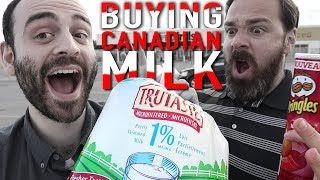 American explores Canadian grocery store tries BAGGED milk and Ketchup chips [upl. by Aelegna303]