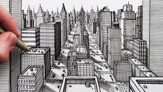 How to Draw a City using 1Point Perspective Pen Drawing [upl. by Sydelle]