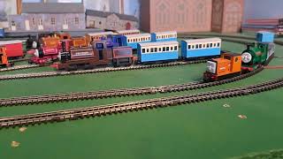 Bachmann Rusty and Bachmann Peter Sam pulling 4 slate wagons with blue brake van [upl. by Gemini]