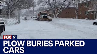 Snow plow buries vehicles in Minneapolis after heavy snow [upl. by Marlen712]