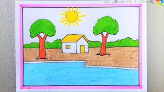 How to draw Nature Scenery  Prakitik Drisso Drawing  Easy Painting [upl. by Anoved]