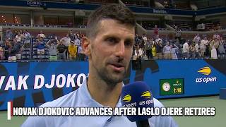 Novak Djokovic advances after Laslo Djere retires due to injury  2024 US Open [upl. by Ahsitruc]