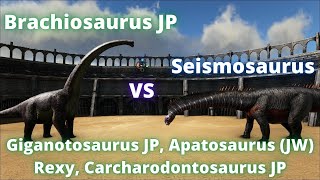 Seismosaurus vs JPE creatures giga carcharodontosaurus rexy apatoJW brachiosaurus ark battle [upl. by Ayetal419]