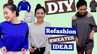 DIY REFASHION SWEATER IDEASSweater HackCold ShoulderCut Out ShoulderFront Tie Crop TopNO SEW [upl. by Nnayllek648]