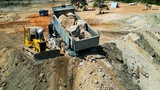 Be Careful Big Stone Fall On Bulldozer When Unloading Mountain Land Filling Processing Skills [upl. by Vitek]