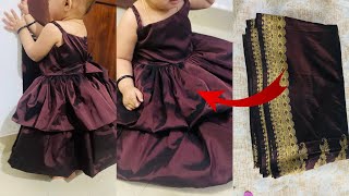 Convert old saree to 2 layer frock for 1 year babySimple way of heavy frock stitching frocks [upl. by Yecal206]