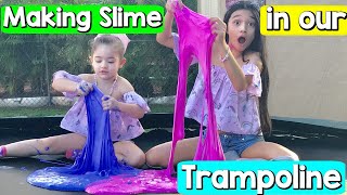 MAKING 1 GALLON OF FLUFFY SLIME IN OUR TRAMPOLINE [upl. by Lajes]