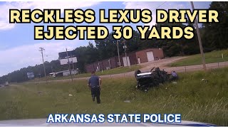 140mph pursuit of reckless Lexus driver  WRECK EJECTS DRIVER 30 YARDS Slams into cables at 100mph [upl. by Enellij288]